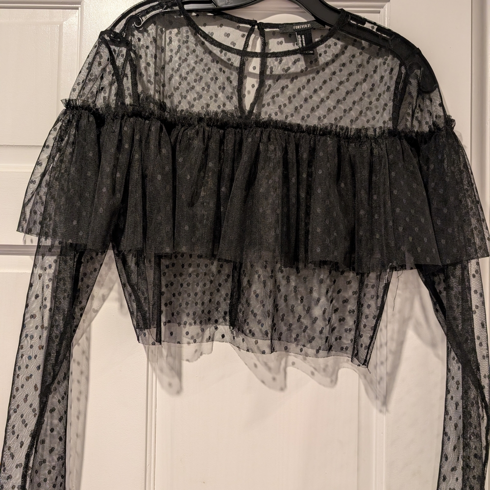 Forever21 Whimsygoth Gothcore Ditsy Black Sheer Women's Top Medium Ruffle - Picture 1 of 7